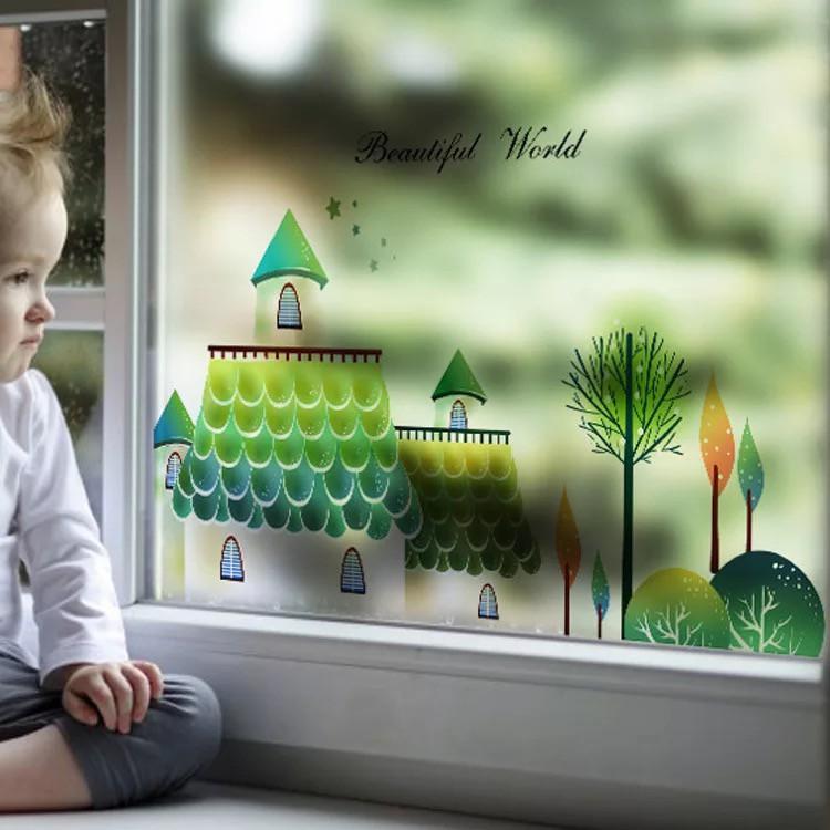 Decal trang trí kính cao cấp mẫu Ngôi Nhà Xanh lá