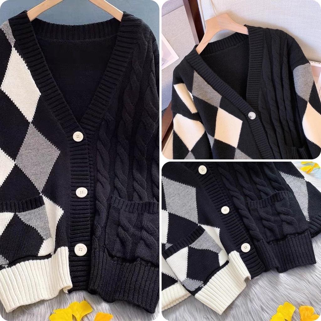 Áo khoác len cardigan nữ form rộng dáng dài dày dặn bigsize phối kẻ caro len thừng phong cách Ulzzang Hàn Quốc trẻ trung