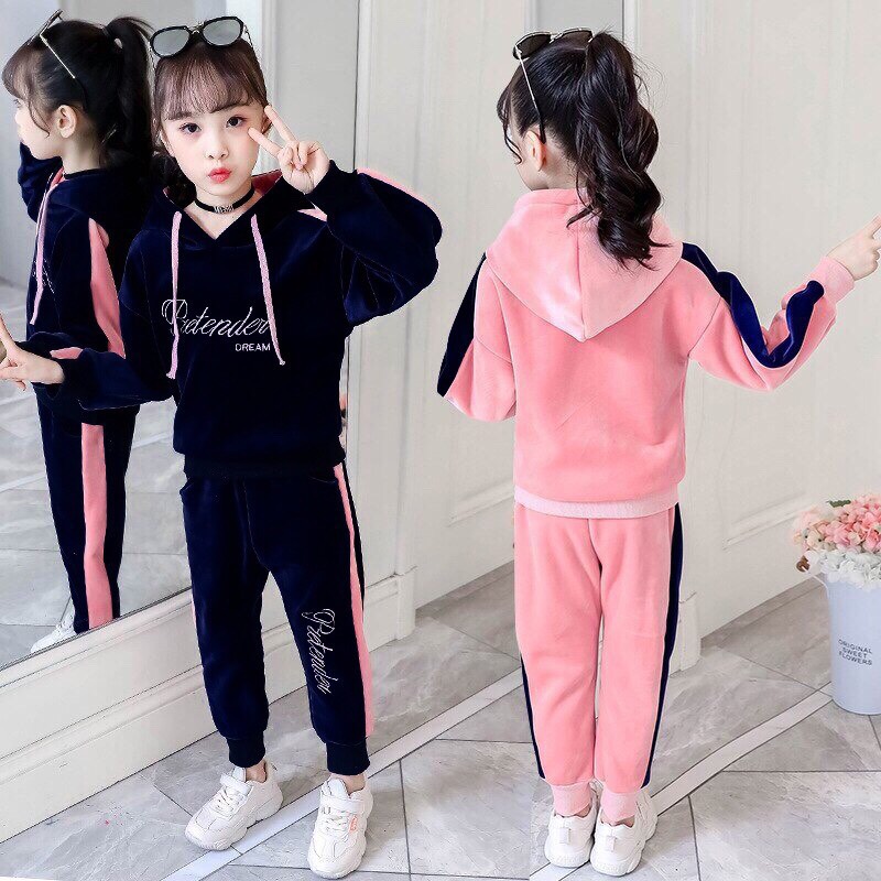 Bộ thu đông hoodie da cá &quot;DREAMI&quot; 18-45kg cho bé gái 4-15 tuổi. Ấm áp, thoải mái. G33