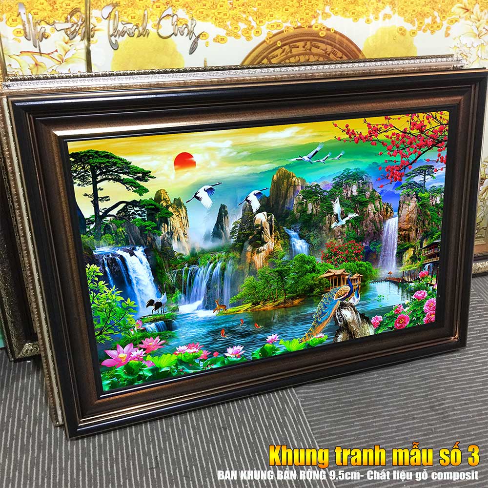 Tranh treo tường phòng khách, phòng ngủ SƠN THỦY HỮU TÌNH khung gỗ composit chất liệu pvc gương / lụa kim sa. MS:1709L9