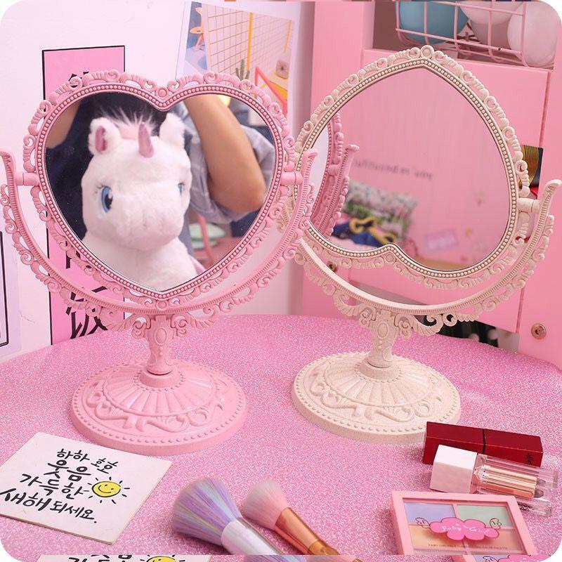 Gương để bàn phong cách châu âu PINK CAT các màu hình trái tim và hình bầu dục (GƯƠNG 2 MẶT