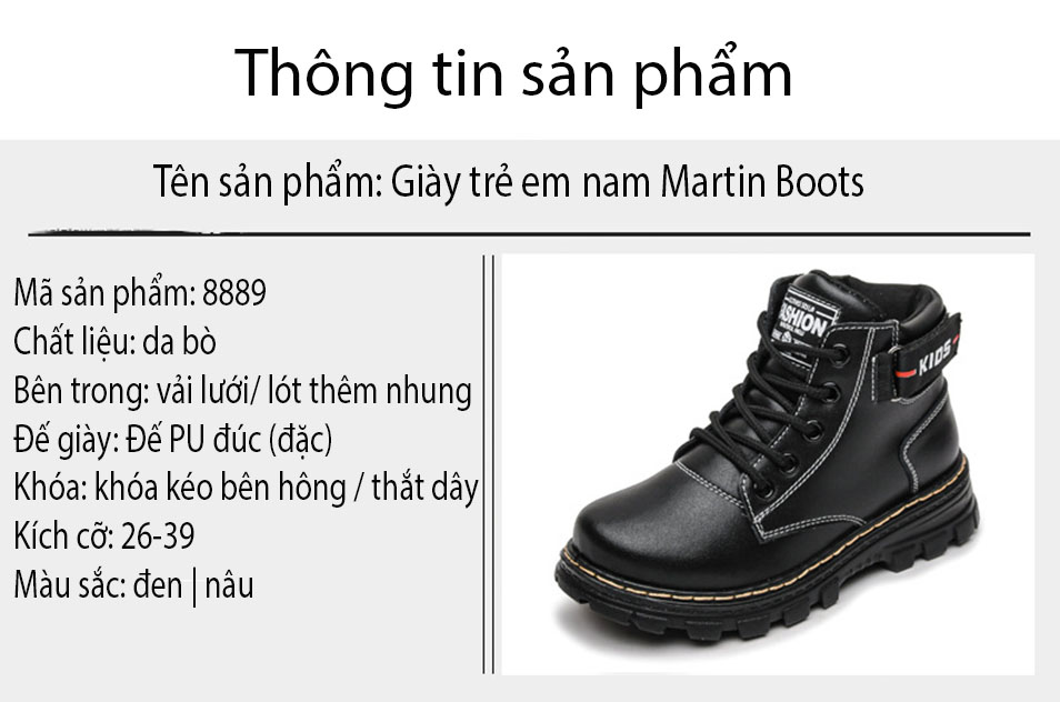 Giày Martin Boots trẻ em nam chống nước, chống mòn bảo vệ đôi chân bạn