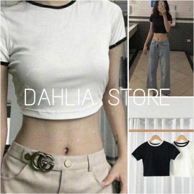 Áo cộc tay viền đen trắng croptop kiểu dáng body