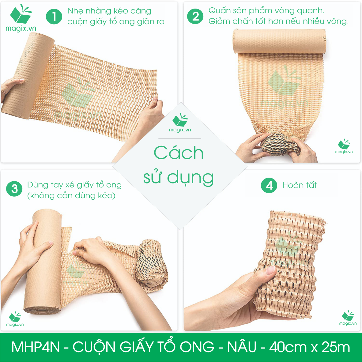 MHP4N - 40cm x 25m - Cuộn giấy tổ ong chống sốc - Kraft nâu Cao Cấp - Giấy gói hàng, gói quà