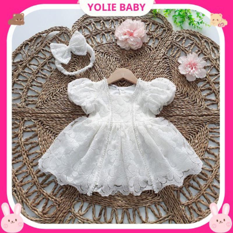 Váy ren trắng tiểu thư tay bồng tặng kèm phụ kiện xinh cho bé gái-Yolie Baby