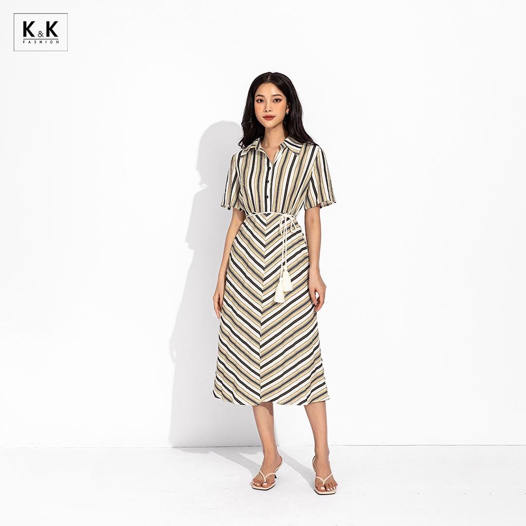 Đầm sơ mi công sở dáng xòe thắt eo K&amp;K Fashion KK150-18 Chất Liệu Linen Pure