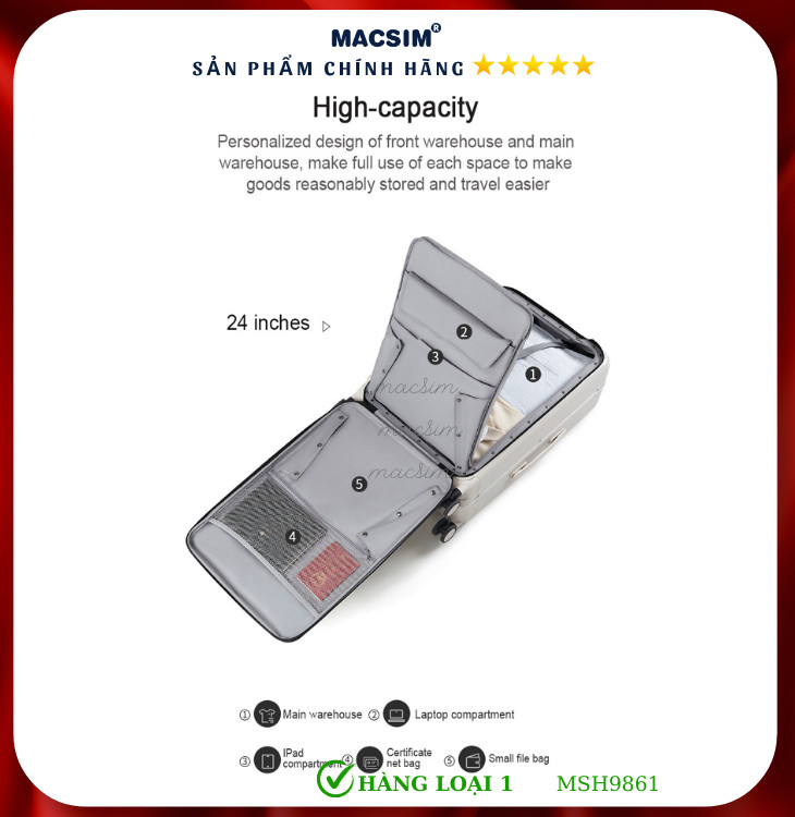 Vali cao cấp Macsim Hanke MSH9861 size 20 inch màu đỏ - Hàng loại 1