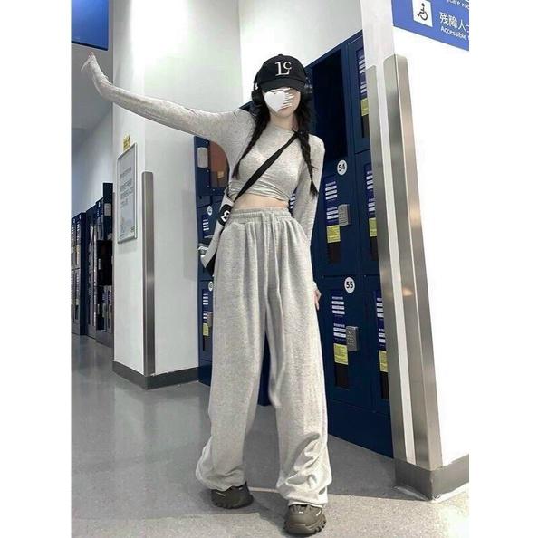 SET BỘ ĐI CHƠI, SET 2 MÓN ÁO CROPTOP CỔ THUYỀN TAY DÀI PHỐI QUẦN SUÔNG ỐNG RỘNG CỰC NĂNG ĐỘNG