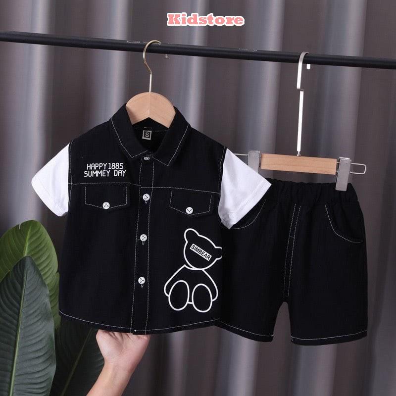 Set Đồ Bộ Bé Trai Hàn Quốc Size Đại Chất Đũi Hè,Set Đồ Đi Chơi Bé Trai Simple Bear 3 Màu Xanh Bộ Đội-Be-Đen| Size 10 - 3