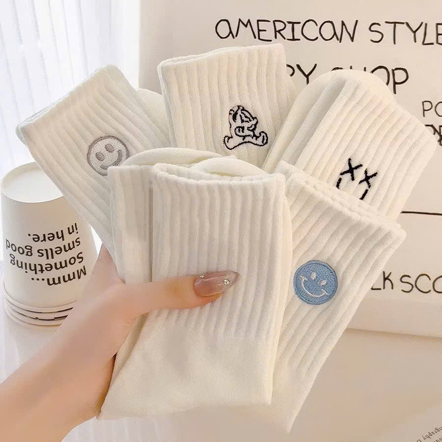 Set 10 Đôi Tất Trắng Họa Tiết Cổ Cao Phong Cách Hàn Quốc