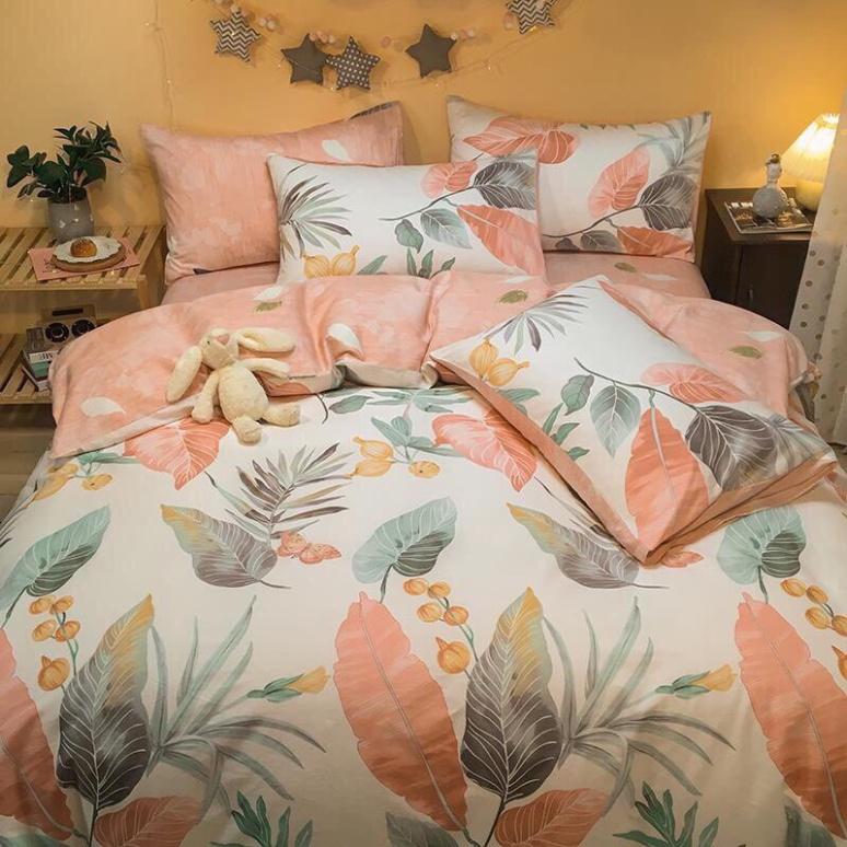 Bộ chăn ga gối Cotton poly Miha Bedding Lá đỏ, vỏ chăn mền, drap nệm và 2 vỏ gối