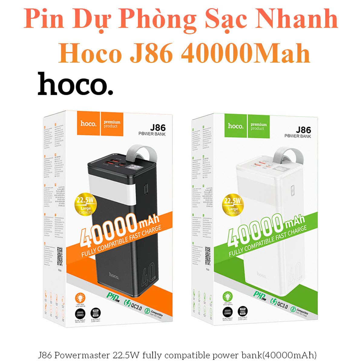 Pin Dự Phòng Sạc Nhanh Dành Cho Hoco J86 22.5W 40000Mah Qc 3.0 Và Pd20W 2 Cổng Sạc Usb Có Đèn Led Và Màn Hình Báo Pin Hàng Chính Hãng