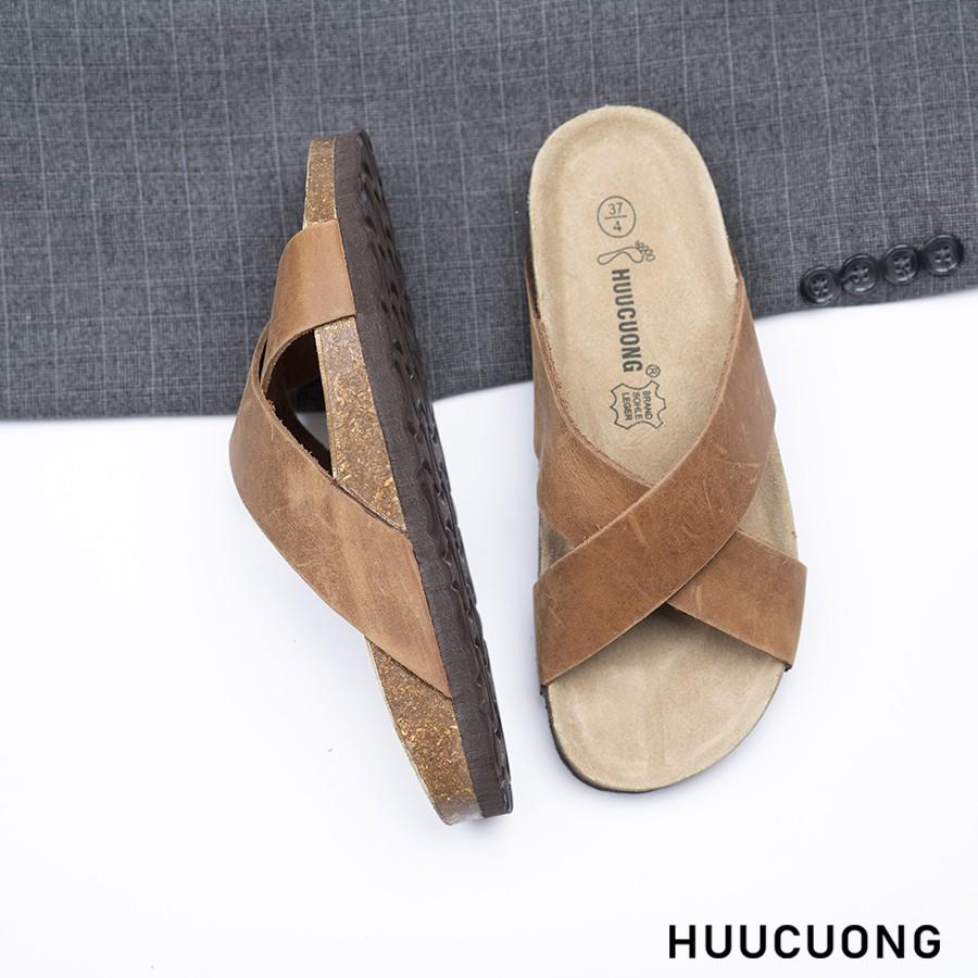 Dép unisex HuuCuong quai chéo da bò nâu đế trấu handmade