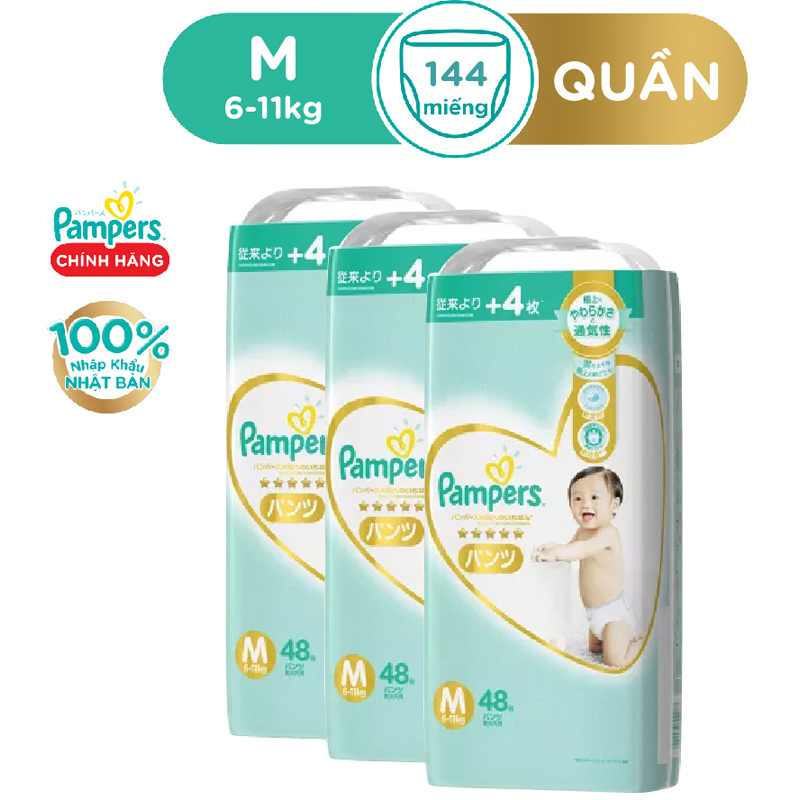 Thùng 3 Gói Tã/ Bỉm Quần PAMPERS Nhật Thượng Hạng, Size M(48 miếng, 6-11kg/ L(38 miếng, 9-14kg)/ XL(36 miếng, 12-22kg), Siêu Mềm Mịn & Thoáng Khí