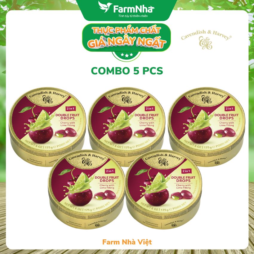 (Combo 5 hộp) Kẹo trái cây Cavendish &amp; Harvey vị CHERRY WITH LIME FILLING 175gr - Vị ngọt tự nhiên tuyệt vời từ Đức