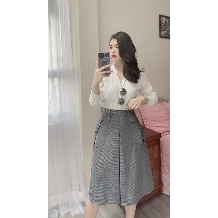 Chân váy công sở kẻ - dáng A xòe - 2 lớp