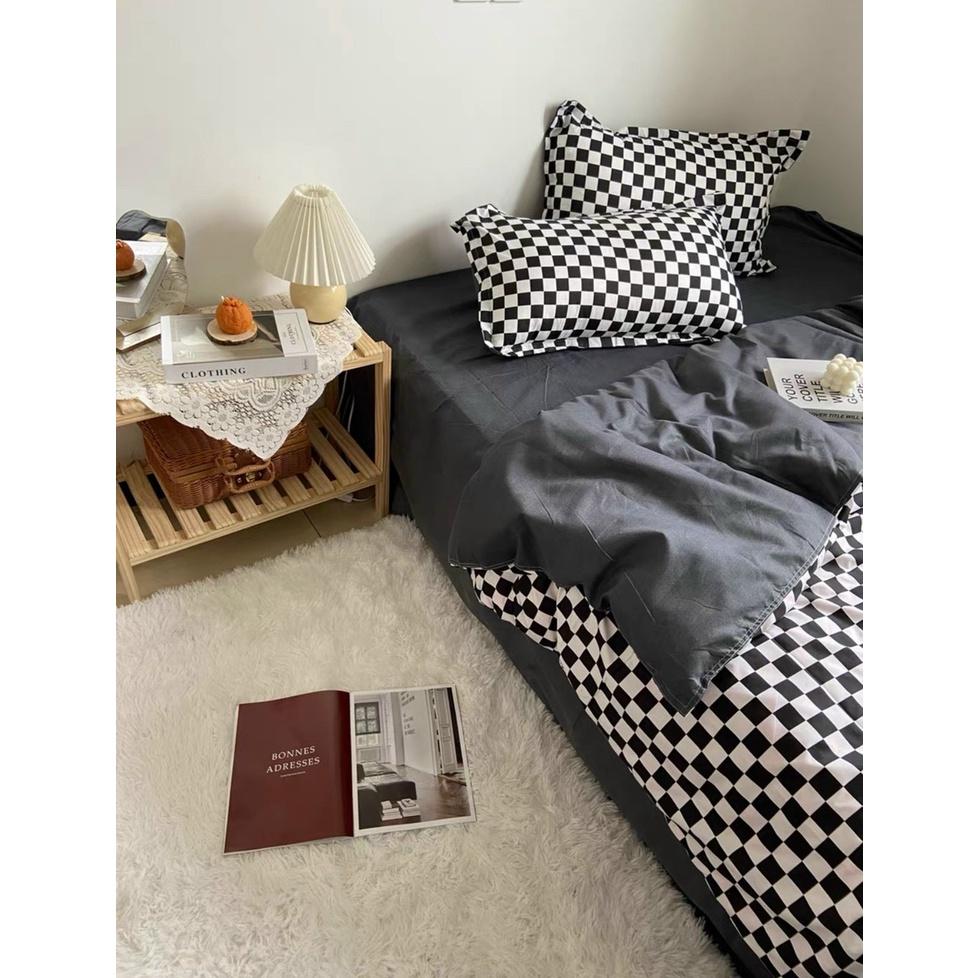 Bộ chăn ga gối Cotton poly M2T Bedding, vỏ chăn mền, drap ga giường và 2 vỏ gối - PL Bàn cờ vua đen nhỏ