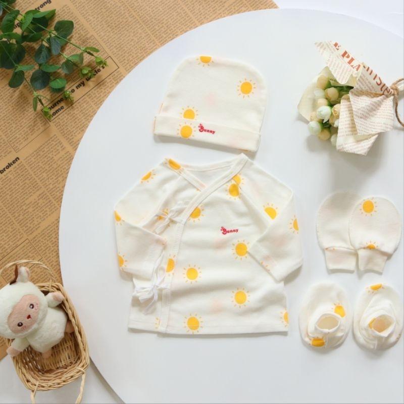 [Dưới 6kg] Set Áo Cột Dây Kèm Nón, Bao Tay Bao Chân Sơ Sinh Cho Bé - BunnyBaby