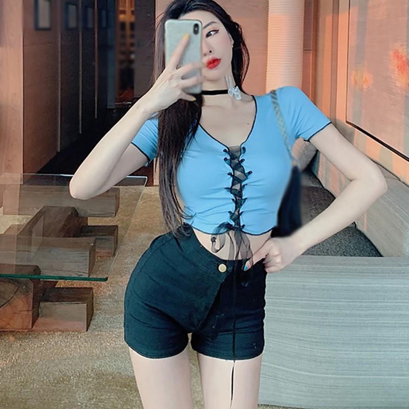 Áo Thun Tay Ngắn Cổ Chữ V Màu Trơn Quyến Rũ Cho Nữ