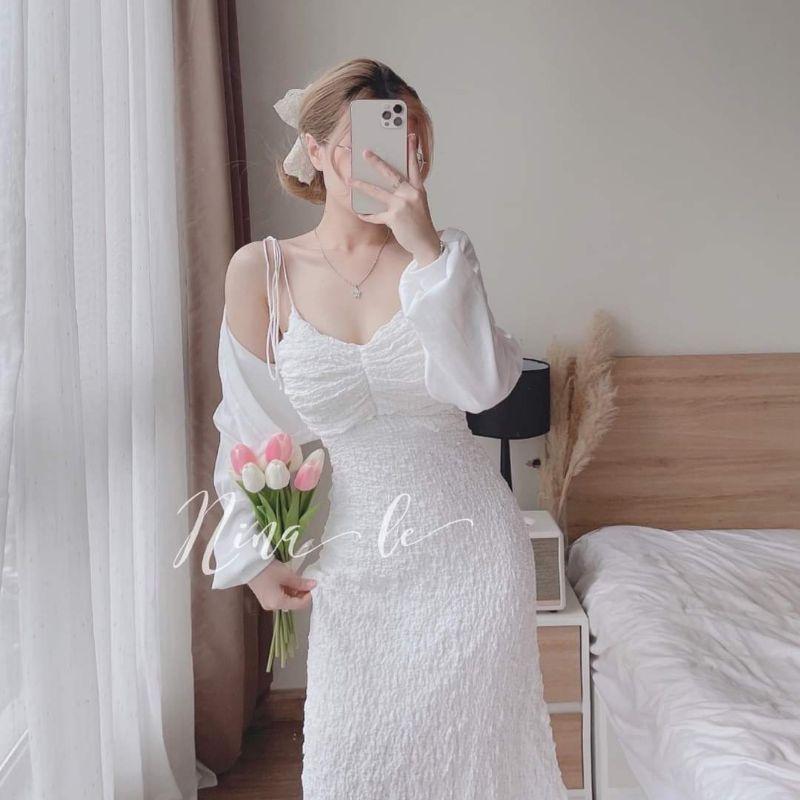 ĐẦM 2 DÂY THẮT NƠ XỐP KÈM ÁO KHOÁC