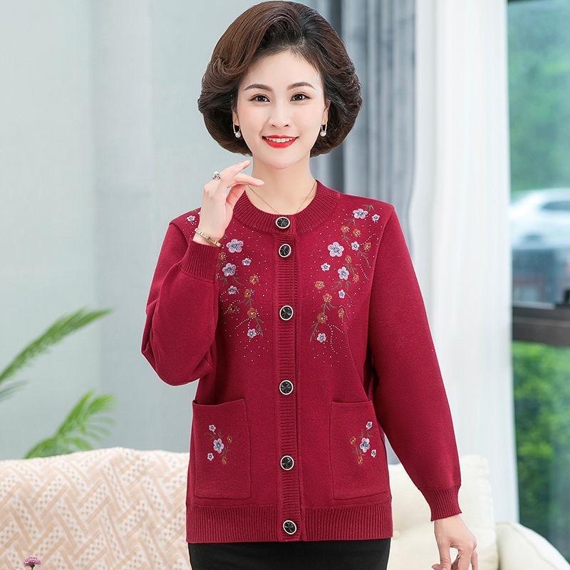 Áo cardigan len, Áo khoác len trung niên dệt kim thêu hoa cài cúc, Full size- Món quà tặng bà tặng mẹ KLGN06