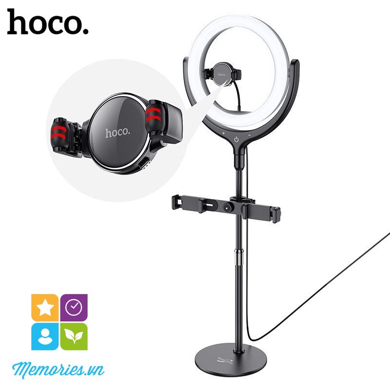 Bộ đèn tròn Livestream Hoco LV01 + kèm 3 kẹp điện thoại 4,7-6,5 inch, chân đế - Hàng chính hãng, chất lượng cao