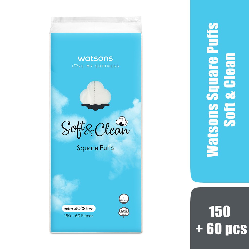 Bông Tẩy Trang Watsons Love My Softness Soft &amp; Clean Square Puffs Free 40% Dạng Túi Mềm 150+60 Miếng