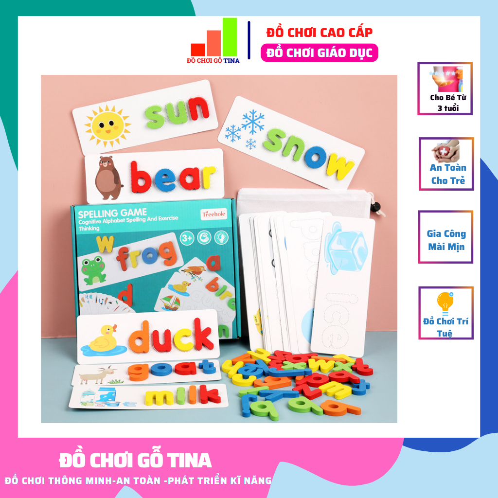 Đồ Chơi Gỗ Spelling Game TINA Thông Minh Cho Bé Xếp Hình Học Tiếng Anh Nghe Đọc Ghép Vần Từ Để Lắp Ráp Thu Hút Bé