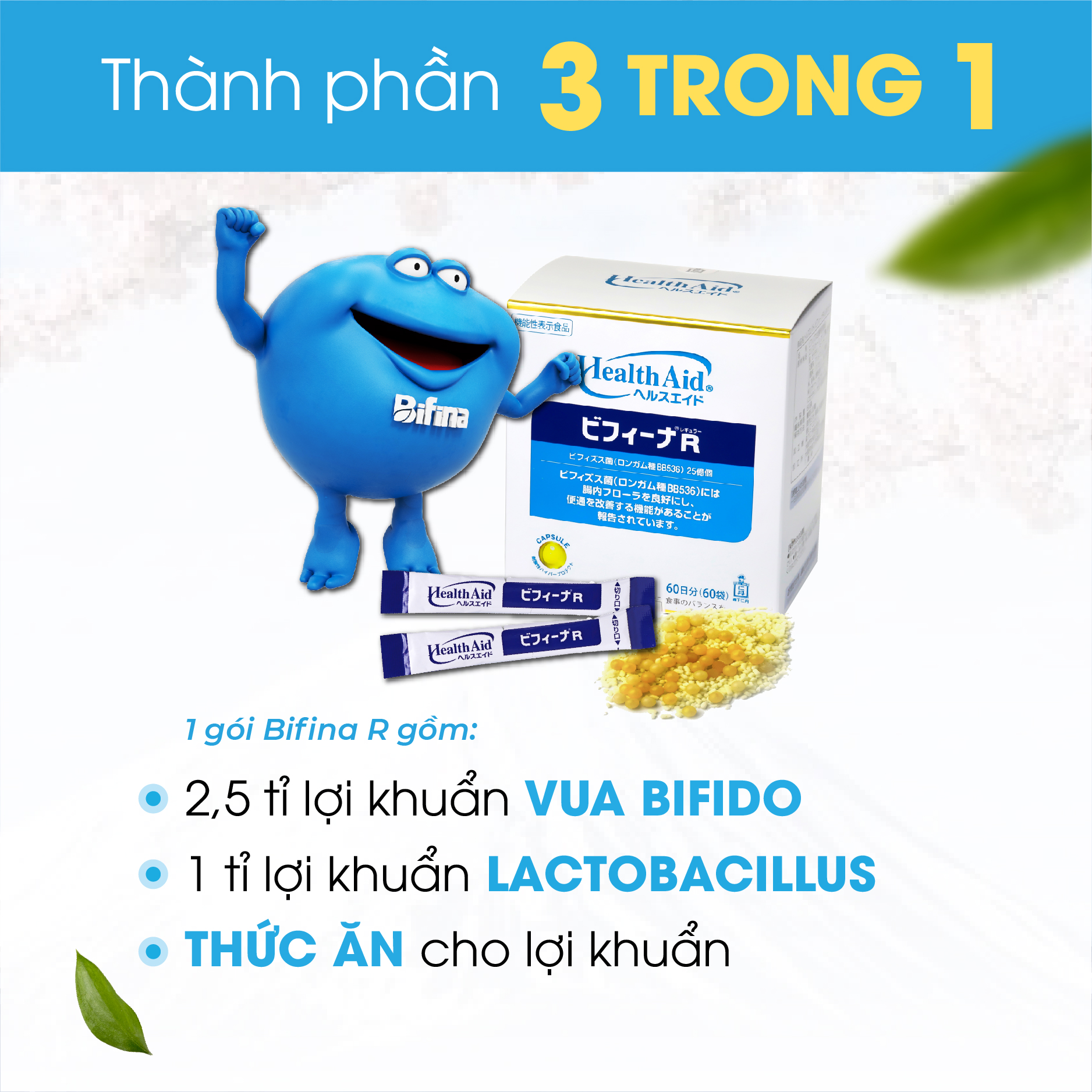 Men vi sinh Bifina Nhật Bản, Loại R 60 gói- Cải thiện tình trạng táo bón,tiêu chảy,đầy hơi