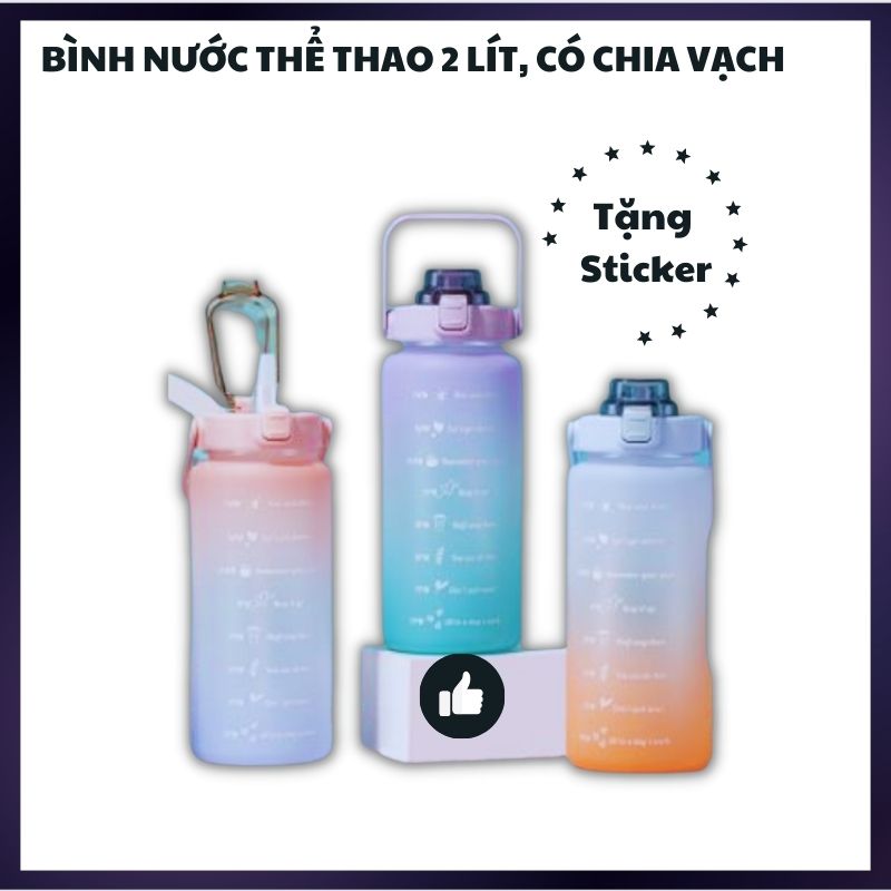 Bình nước 2L có chia vạch đủ màu cầu vồng, có sticker dán kèm theo