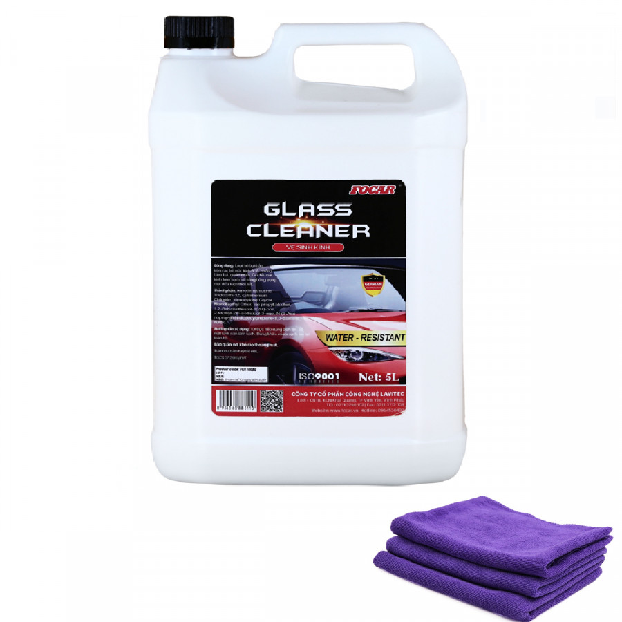 Dung dịch vệ sinh kính ô tô Focar Glass Cleaner 5L + 3 khăn lau kính xe 30x70cm