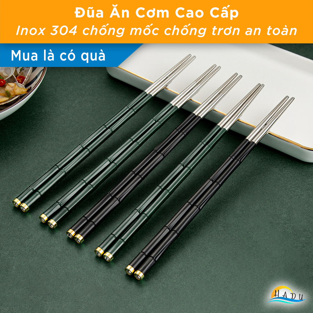 [10 Đôi] Đũa Ăn Cơm Inox 304 Chống Trượt Kiểu Hàn Quốc Cao Cấp Hình Cây Tre Sang Trọng HADU