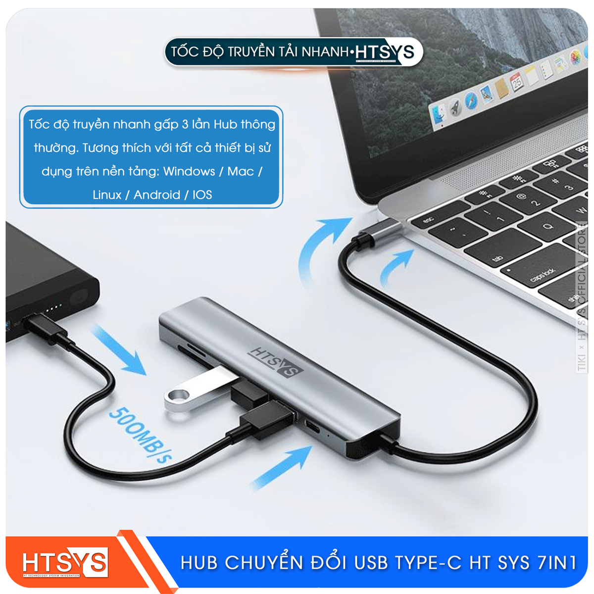 Hub Chuyển Đổi USB Type C HT SYS 7 in 1 To HDMI, USB 3.0, SD, TF, USB C, PD 100W - Hàng Chính Hãng