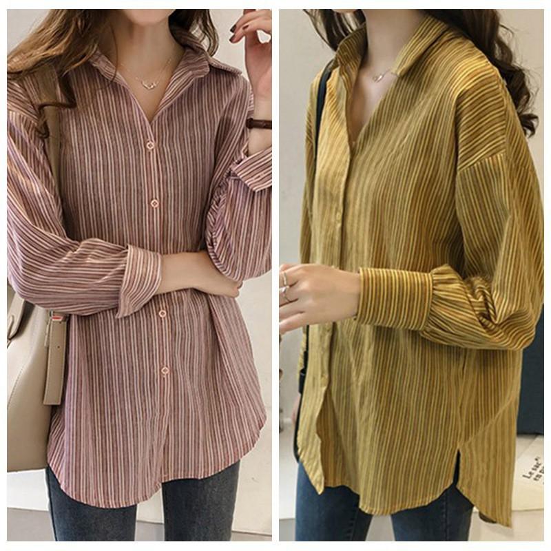 Áo sơ mi tay dài cổ bẻ dáng rộng họa tiết kẻ sọc size lớn trẻ trung thời trang