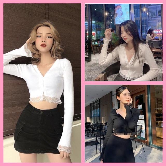 Áo croptop áo dài tay pha ren chất len tăm dày dặn mềm mại 1 sản phẩm chính phẩm áo kiểu từ chens