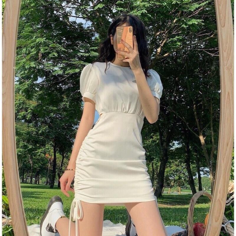 Đầm body trắng dây rút tay nơ có size có ảnh và video thật
