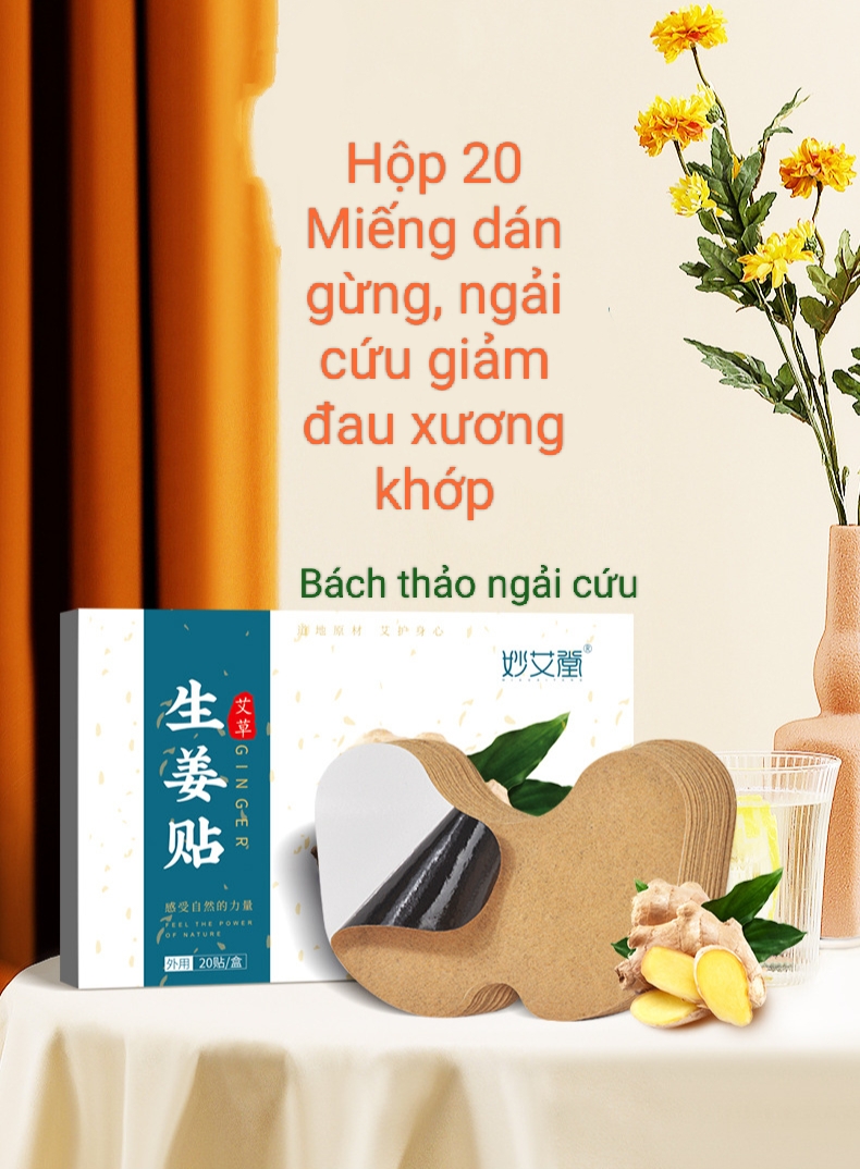 Hộp 20 miếng cao dán CAO CẤP chiết xuất gừng và ngải cứu Miao Ai Tang giảm đau cổ vai gáy, đầu gối, khuỷu tay