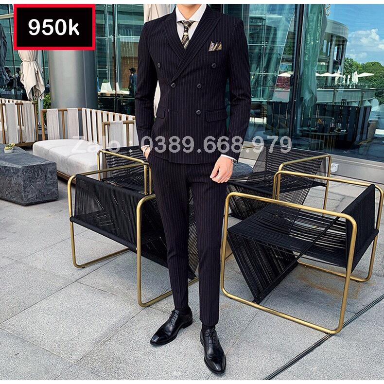 Bộ Vest Nam Cao Cấp 6 Cúc kẻ sọc màu đen