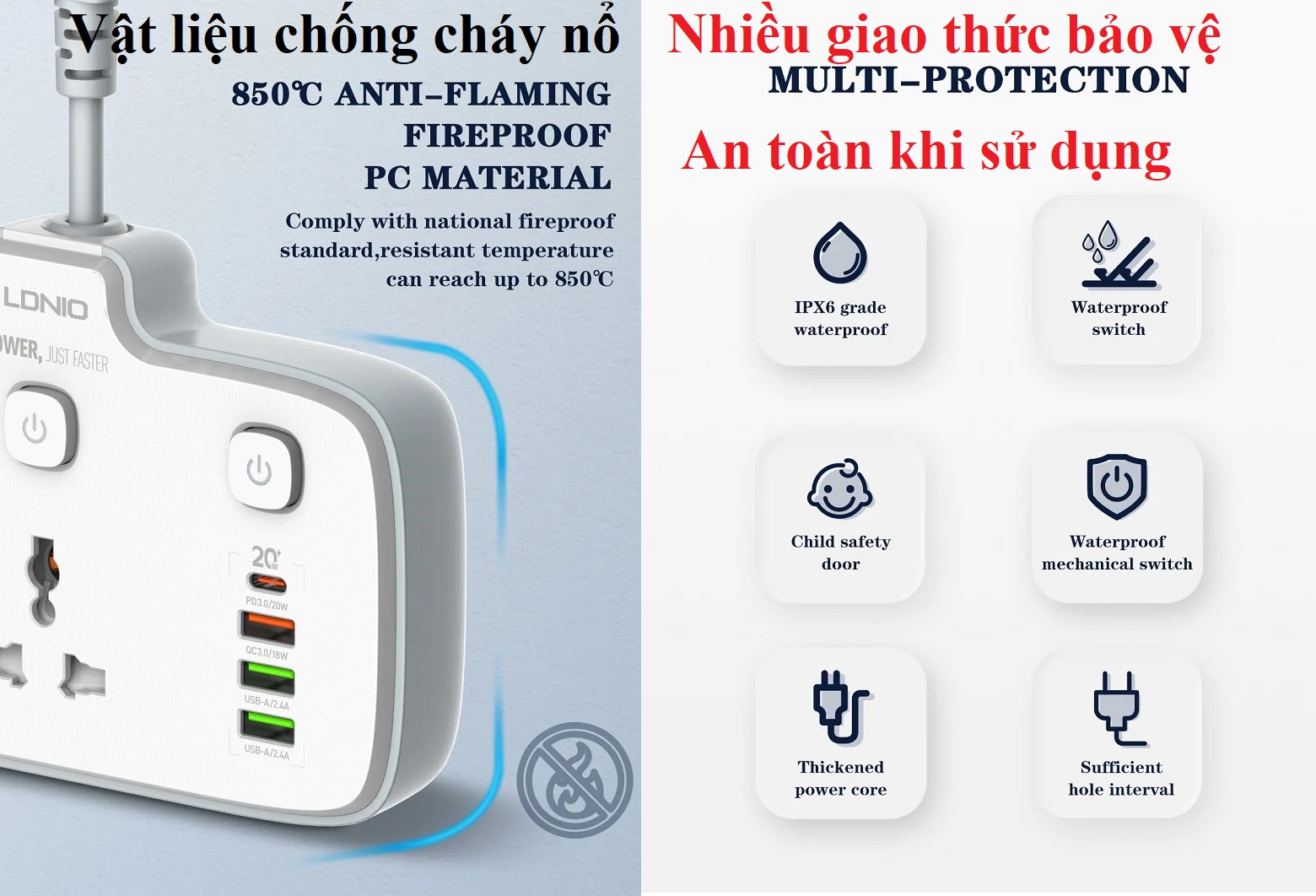 Ổ cắm đa năng 2500W hỗ trợ sạc nhanh QC18W PD20W tích hợp công tắc nguồn riêng LDNIO SC2413 _ Hàng chính hãng