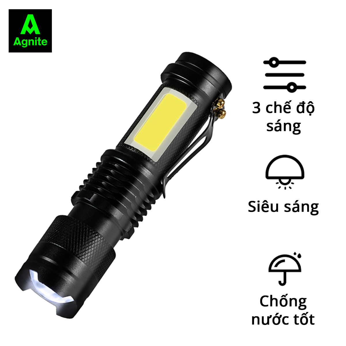 Đèn pin 3 chế độ sáng chính hãng Agnite - thiết kế đầu sạc USB - nhỏ gọn tiện lợi dễ mang theo - VS4231