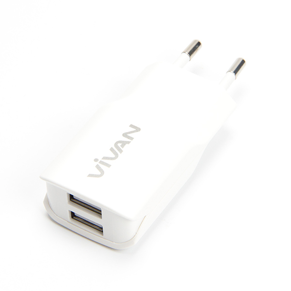 Củ sạc gắn tường nhựa cho di động/điện thoại/máy tính bảng 2 cổng USB Vivan | Bảo vệ quá dòng - chân cắm tròn | Cho iOS/Apple (iPhone/iPad), Android (Samsung, Xiaomi, LG, vv) - Hàng Chính Hãng