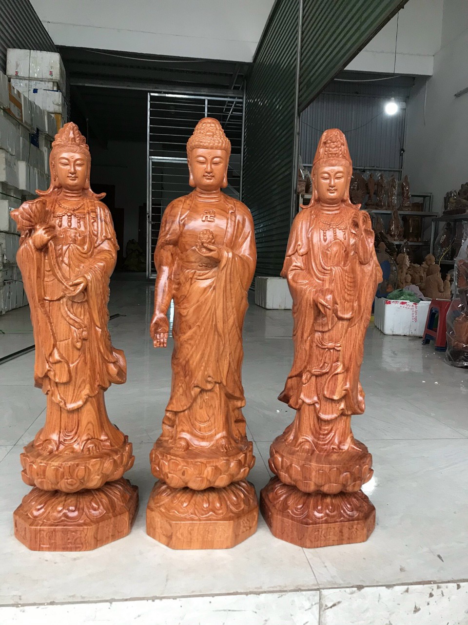 Tượng phật tây phương tam thánh bằng gỗ hương đá liền khối kt cao 60×20×20cm
