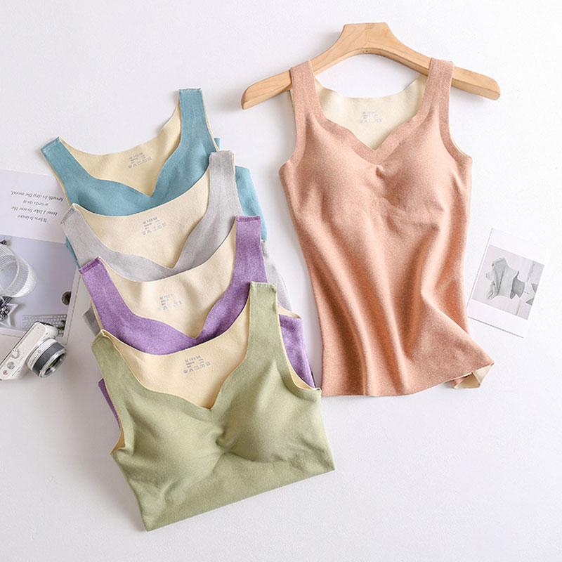 Phụ Nữ Mới Quần Lót Sinh Nhiệt Chữ V Gợi Cảm Giữ Ấm Giữ Nhiệt Xe Tăng Cao Cấp Thoáng Khí Liền Mạch Nhung Lót (Áo Vest Áo Lót Không Gọng Đen