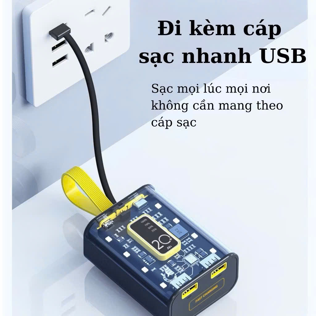 Sạc Dự Phòng 20000mAh Dung Lượng Pin Lớn Vỏ Trong Suốt Tích Hợp Dây Sạc Nhanh Cho Nhiều Thiết Bị có đèn báo, phát sáng - HÀNG CHÍNH HÃNG