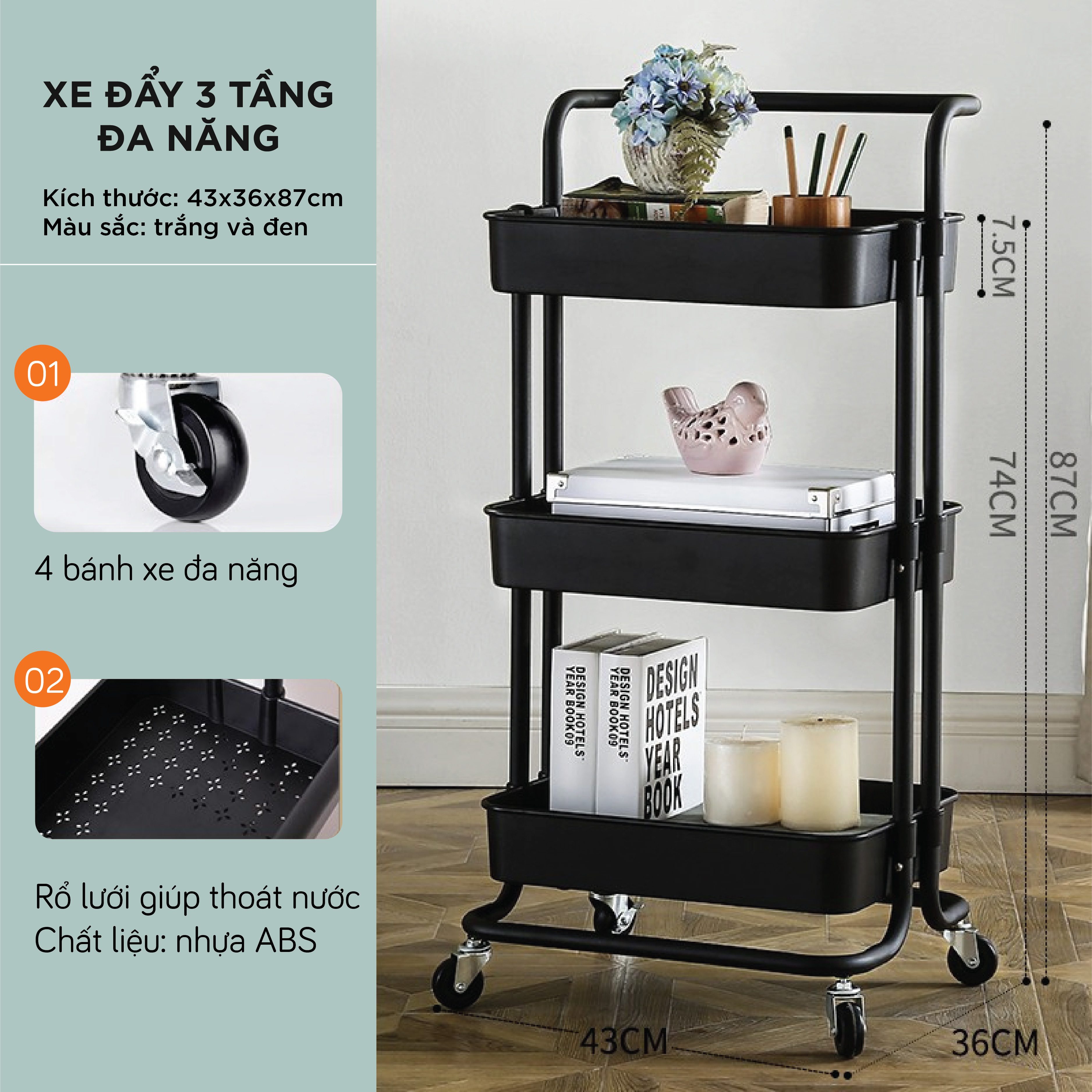 Xe Đẩy Nhựa 3 tầng -  có bánh di chuyển và khóa bánh xe LivingOn