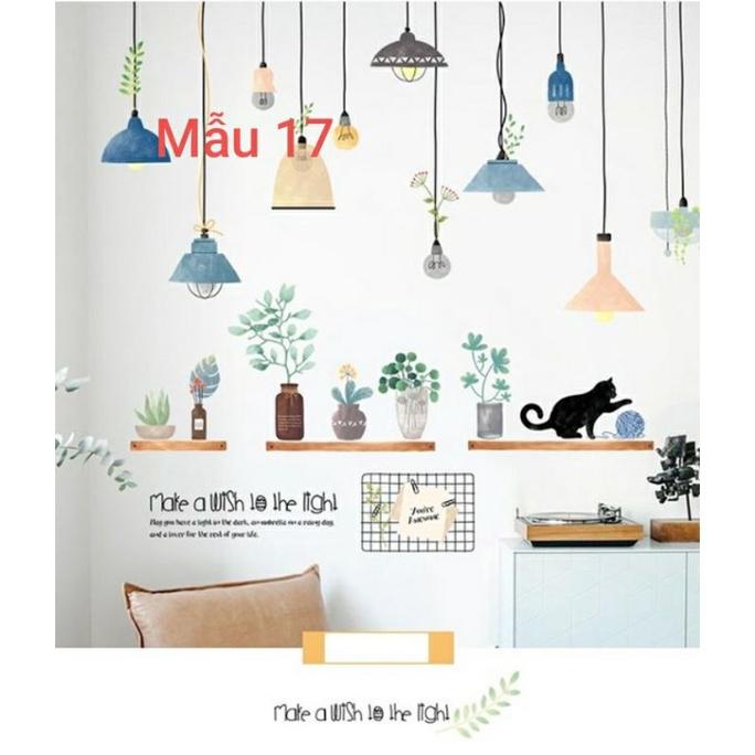 Decal dán tường dây đèn thả và mèo