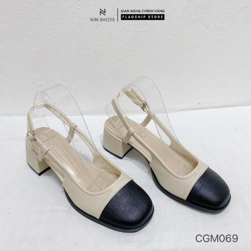 Giày cao gót Ninshoes - Cao gót Mary jane 3P đé vuông mũi tròn viền dưới pha 2 màu quai ngang cài