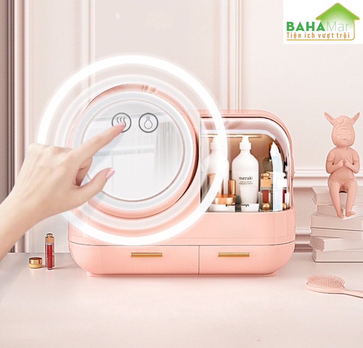 HỘP ĐỰNG MỸ PHẨM CÓ GƯƠNG TRANG ĐIỂM ĐÈN LED QUẠT BAHAMAR có quạt thổi khô lớp trang điểm thiết kế tay cầm dễ dàng xách di chuyển hộp chống bụi v