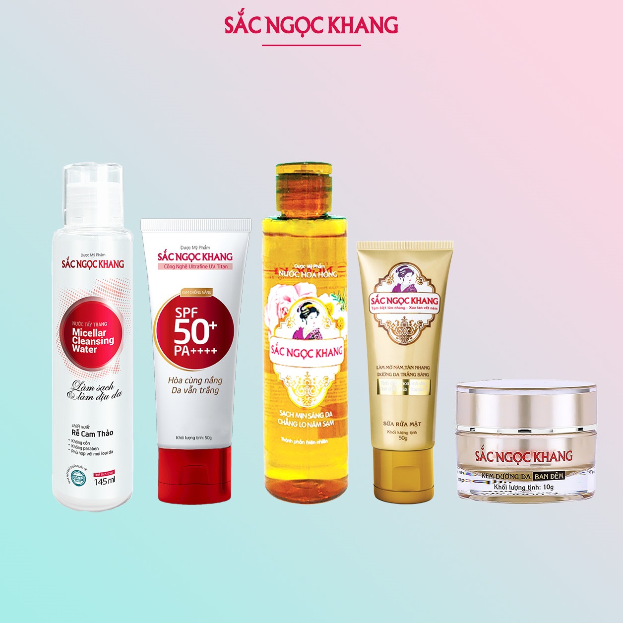 Combo 5 món Nước tẩy trang 145ml + Sữa rửa mặt 100g + Nước hoa hồng 145ml + Kem chống nắng 50g + Kem dưỡng da ban đêm 10g [Sắc Ngọc Khang official]