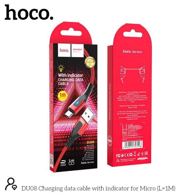 Cáp sạc Micro USB Hoco DU08/DU08 Plus, sạc nhanh 2.4A, dây bọc dù chống đứt, có đèn LED dài 1m/2m hàng chính hãng Hoco Mall Official